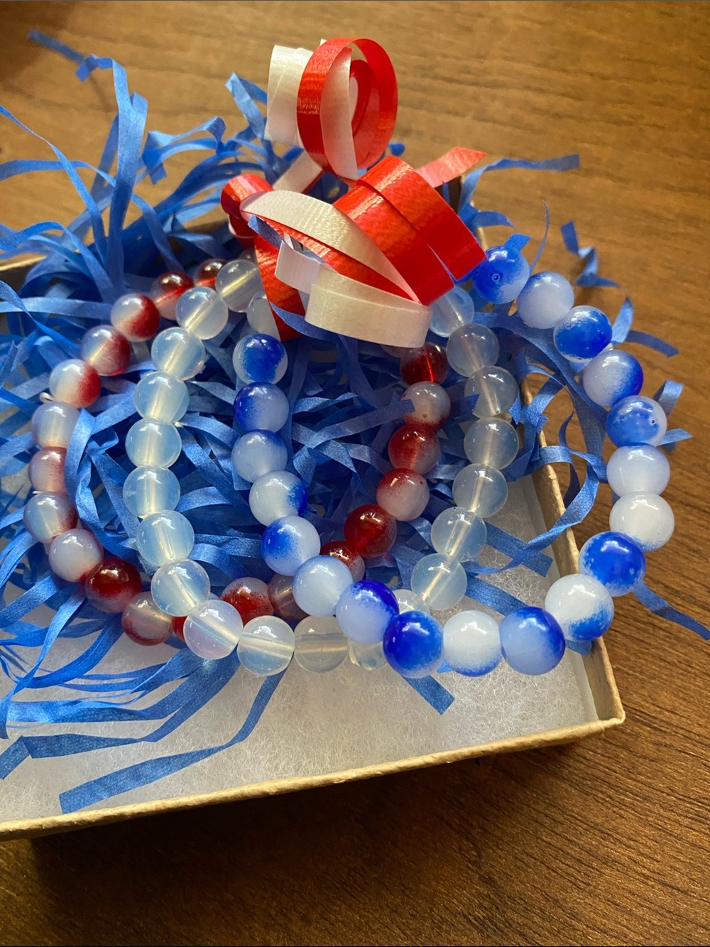 Red, White And Blue Frosted Beaded Glass Stretch Bracelet Set